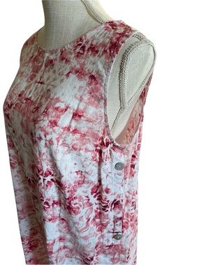Sleeveless Pink Shibori Print Linen Midi Shift Dress w/ Pockets & Side Buttons